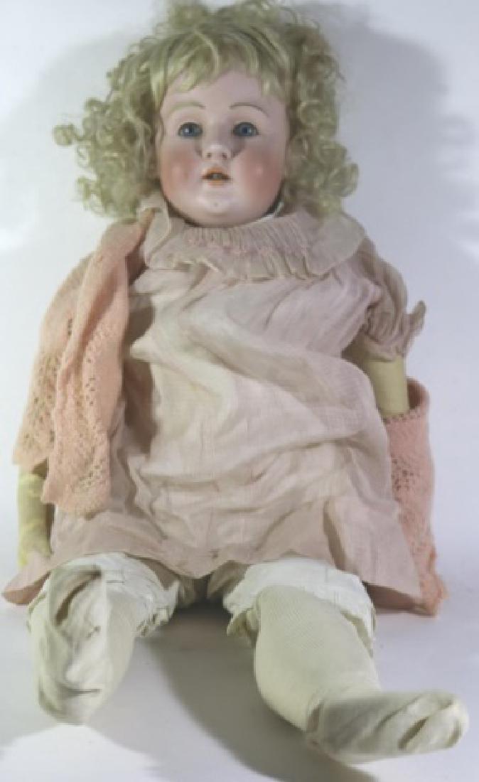 ANTIQUE DOLL: APPROX MEASUREMENTS 37"' BLONDE WITH CARDIGAN AND RUFFLED COLLAR DRESS