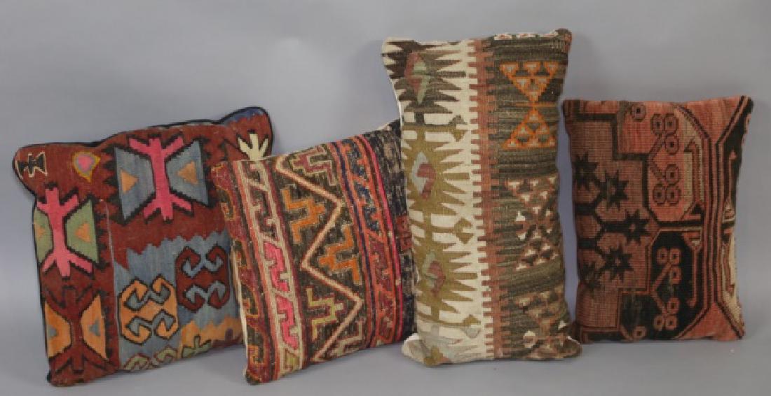 ANTIQUE TURKISH DOWN CUSHION FRAGMENT PILLOWS: ANTIQUE TURKISH DOWN CUSHION FRAGMENT PILLOWS; 14" square pillow; 14" x 10"; 20" x 11"; 13" square pillow