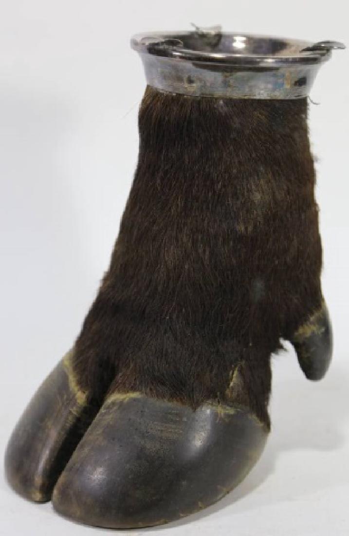 ENGLISH ANTIQUE SILVER MOUNTED HOOF SMOKING TRAY: ENGLISH ANTIQUE SILVER MOUNTED HOOF SMOKING TRAY / SMOKING STAND