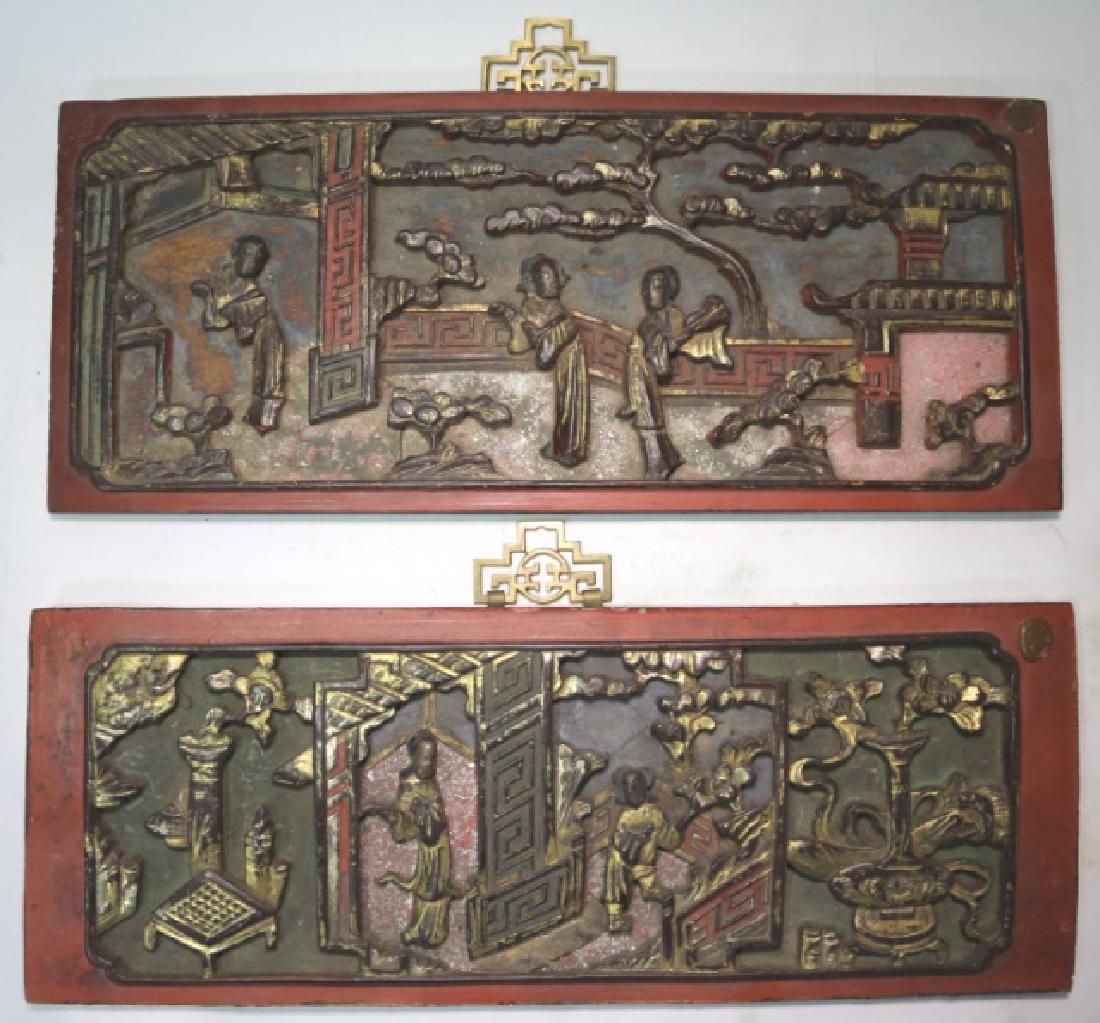 CHINESE ANTIQUE HAND CARVED TEMPLE PANELS: CHINESE ANTIQUE HAND CARVED TEMPLE PANELS 6.5 X 17" EACH