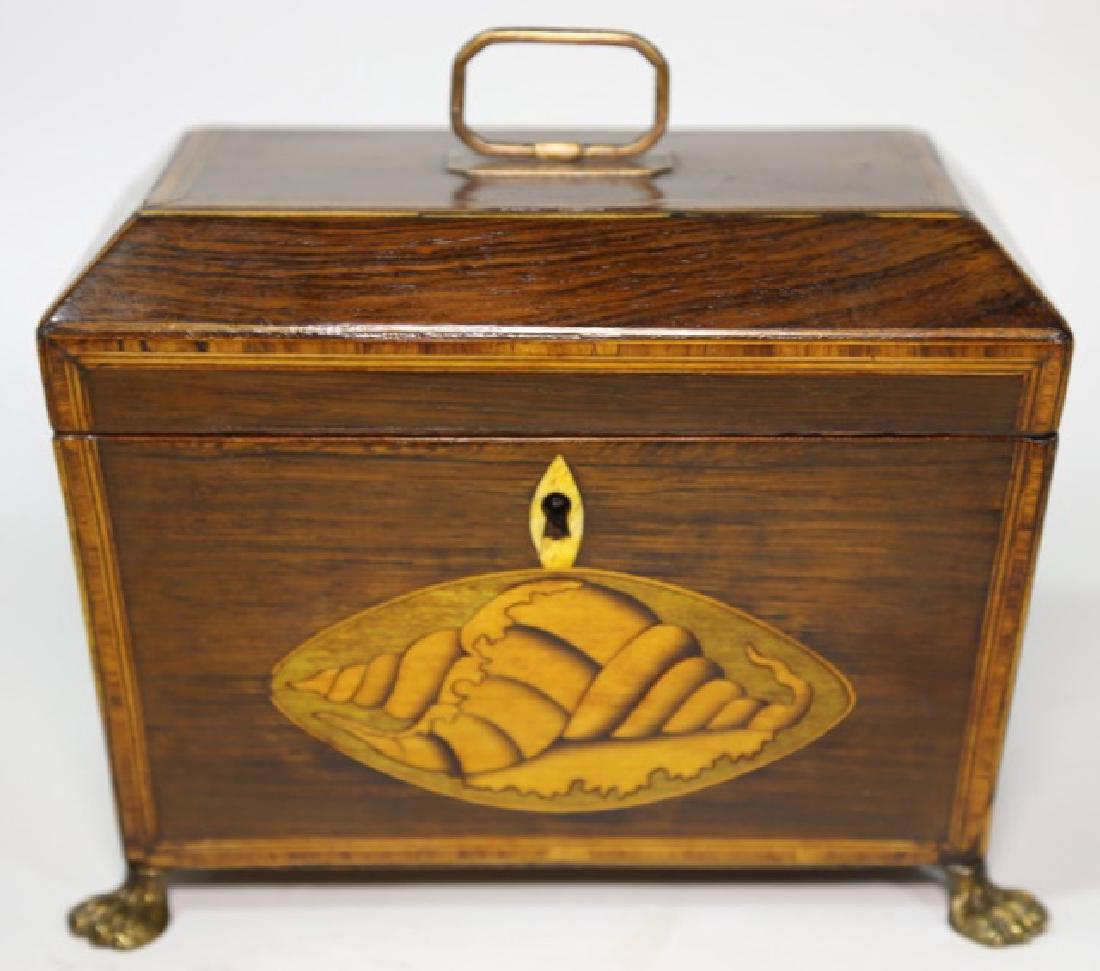ENGLISH FINE ANTIQUE INLAID TEA CADDY ON PAW FOOT (1 of 10)