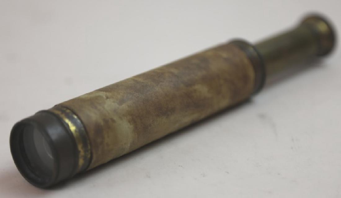 ENGLISH ANTIQUE NAVAL LEATHER & BRASS SPYGLASS: ENGLISH ANTIQUE NAVAL LEATHER & BRASS SPYGLASS, 9 X 1"