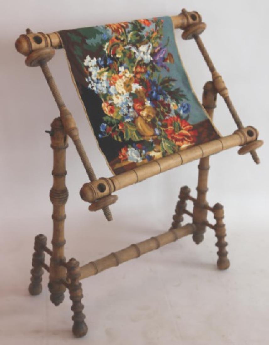 FRENCH ANTIQUE FUAX BAMBOO TAPESTRY LOOM: FRENCH ANTIQUE FUAX BAMBOO TAPESTRY LOOM31" X 32" X 26"