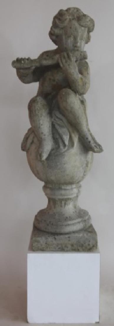 FRENCH ANTIQUE CAST GARDEN SCULPTURE ON PLINTH: ANTIQUE CAST GARDEN SCULPTURE ON PLINTH 40" X 16" X 14"