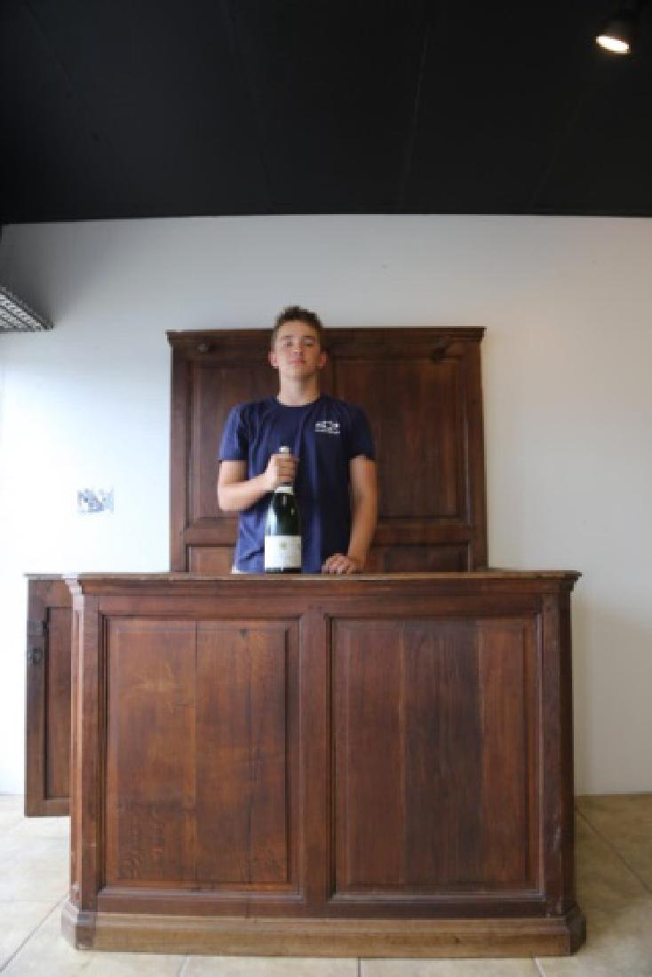 ENGLISH OAK ANTIQUE PANELED & SEATED PUB BAR BACK (1 of 9)