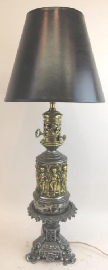 FRENCH ANTIQUE BRASS PUTTI CHASED RELIEFED LAMP: FRENCH ANTIQUE BRASS PUTTI CHASED RELIEFED OIL LAMP CONVERSION TO ELECTRIC