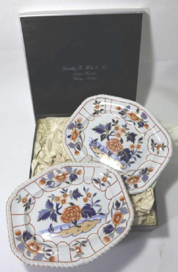ENGLISH IRONSTONE PLATTER PAIR: ENGLISH "STONE CHINA J & W R."; IRONSTONE PLATTERS IN IMARI PATTERN IN SHADES OF PEACH, RUST, LIGHT AND DARK BLUE; c. 1820 9 X 4"