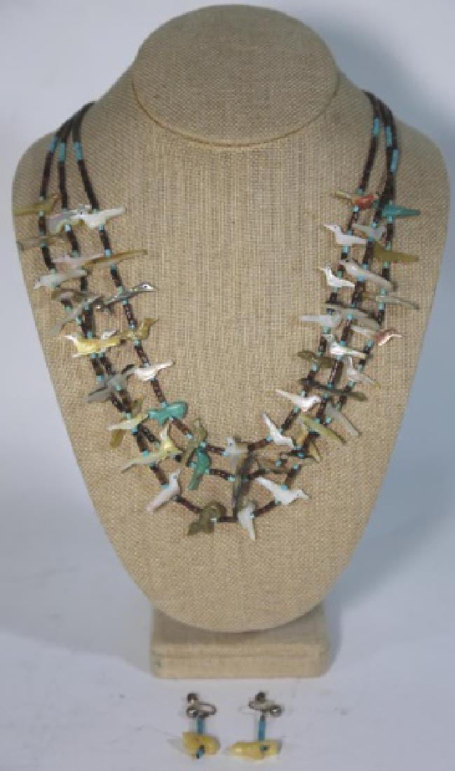 FESTISH TRIBAL NECKLACE & EARRING SET: FESTISH TRIBAL NECKLACE & EARRING SET / STERLING / MOTHER OF PEARL / ABALONE / TURQUOISE & PIN SHELL