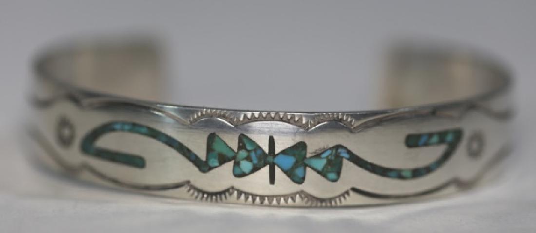 NAVAJO GIBSON GENE STERLING & TURQUOISE CUFF: NAVAJO GIBSON GENE STERLING SILVER WITH INLAID TURQUIOSE CUFF