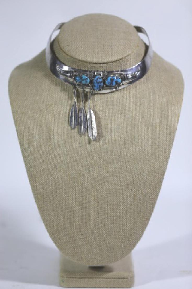STERLING & TURQUOIS FEATHER CHOKER: STERLING & TURQUOISE FEATHER CHOKER NECKLACE