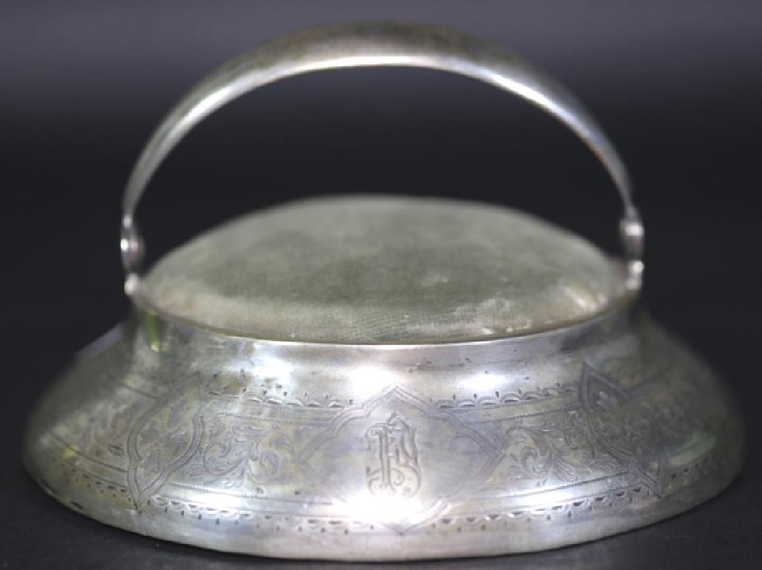ANTIQUE HAND ENGRAVED SILVER HANDLED PIN CUSHION: ANTIQUE HAND ENGRAVED SILVER HANDLED PIN CUSHION 4 X 6.5"