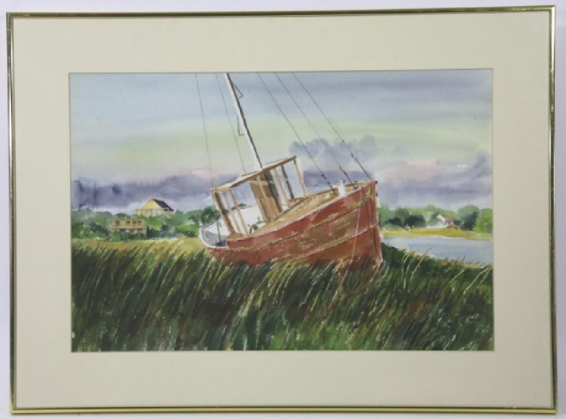 ALICE McCLELLAND (AMERICAN 1921-2009) WATERCOLOR: ALICE McCLELLAND (AMERICAN 1921-2009) WATERCOLOR "BEACHED BOAT" F: 20 1/2" x 27" S: 14 1/2" x 21"