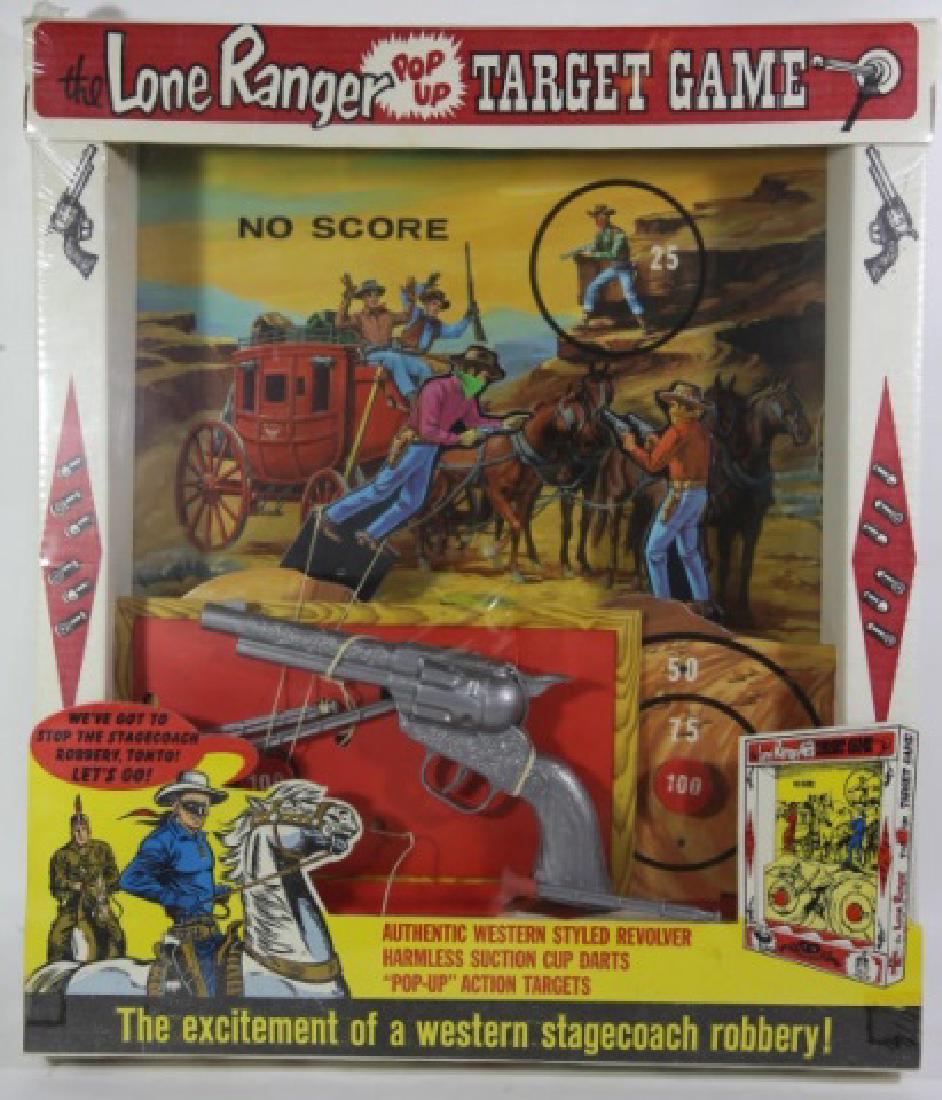 LONE RANGER VINTAGE CAP GUN & POPUP TARGET GAME: LONE RANGER VINTAGE TOY CAP GUN & POPUP TARGET GAME IN ORIGINAL BOX & PACKING; 22" X 19"