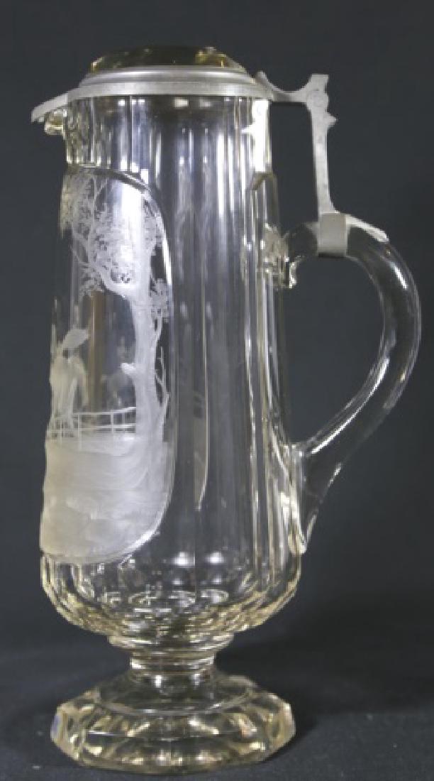 EQUESTRIAN HAND ETCHED & CUT INTAGLIO TALL TANKARD: EQUESTRIAN HAND ETCHED & CUT INTAGLIO TALL TANKARD WITH SCENE OF RIDER JUMPING. FINE INLAID JEWELED PEWTER TANKARD LID 13 X 7" CIRCA 1890
