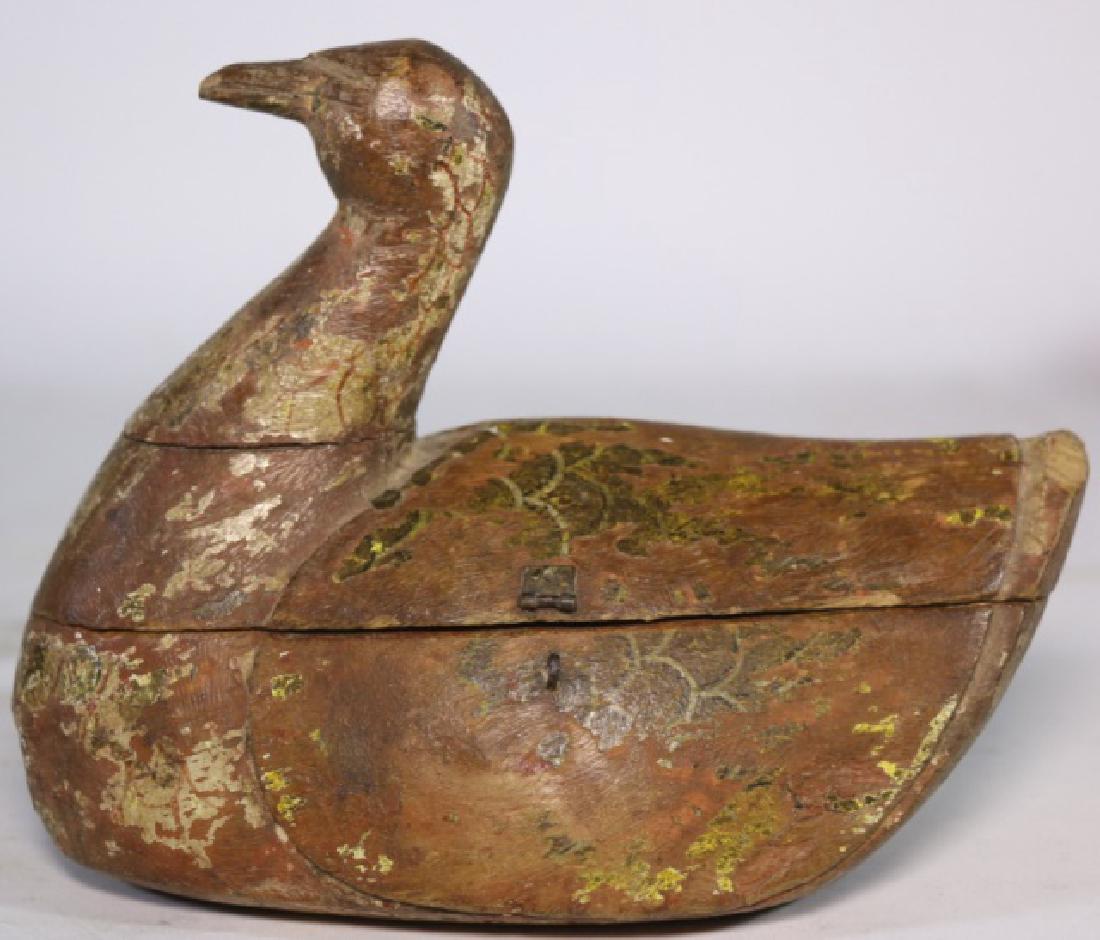 ANTIQUE CHINESE CARVED DUCK BOX: ANTIQUE CHINESE CARVED BOX, FORM OF A DUCK, SOME ORIGINAL PAINT, EDO PERIOD 6 X 8"