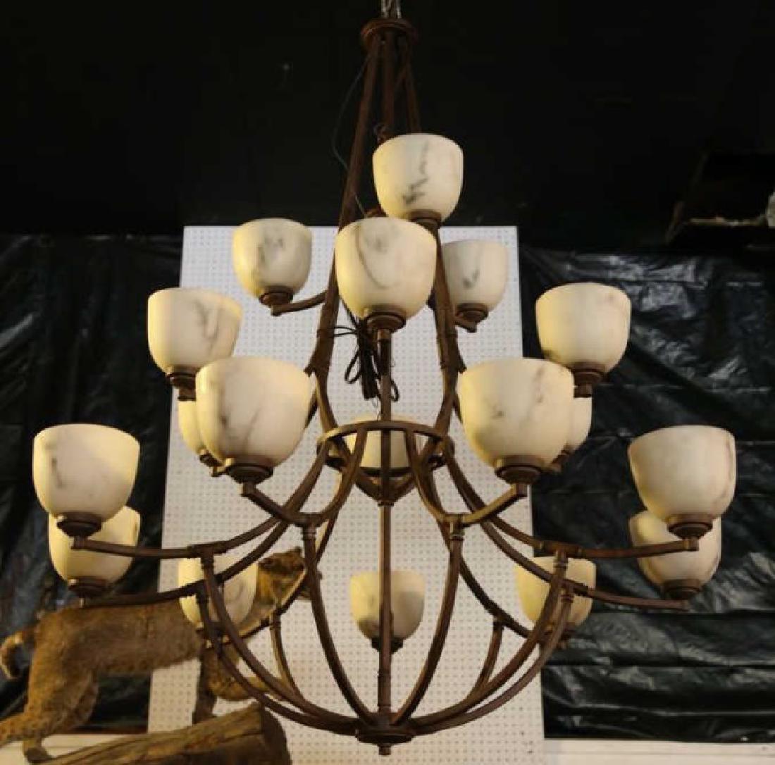 MODERN WROUGHT IRON ALABASTER PALATIAL CHANDELIER: MODERN WROUGHT IRON ALABASTER PALATIAL CHANDELIER 59" TALL