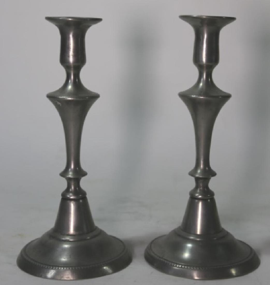 ENGLISH ANTIQUE PEWTER FINE PUSH UP CANDLESTICKS: ENGLISH ANTIQUE PEWTER FINE PUSH UP CANDLESTICKS; 9 X 4"