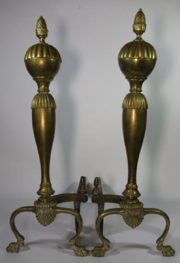 ANTIQUE BRASS ANDIRON SET: ANTIQUE BRASS ANDIRON SET 25 X 19"