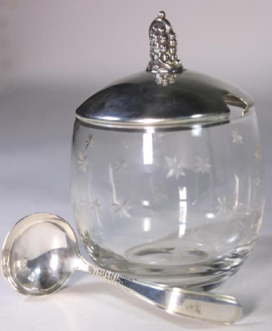 STERLING SILVER HAND CUT CRYSTAL JAM JAR & SPOON: STERLING SILVER HAND CUT CRYSTAL JAM JAR & SPOON 5 X 3"