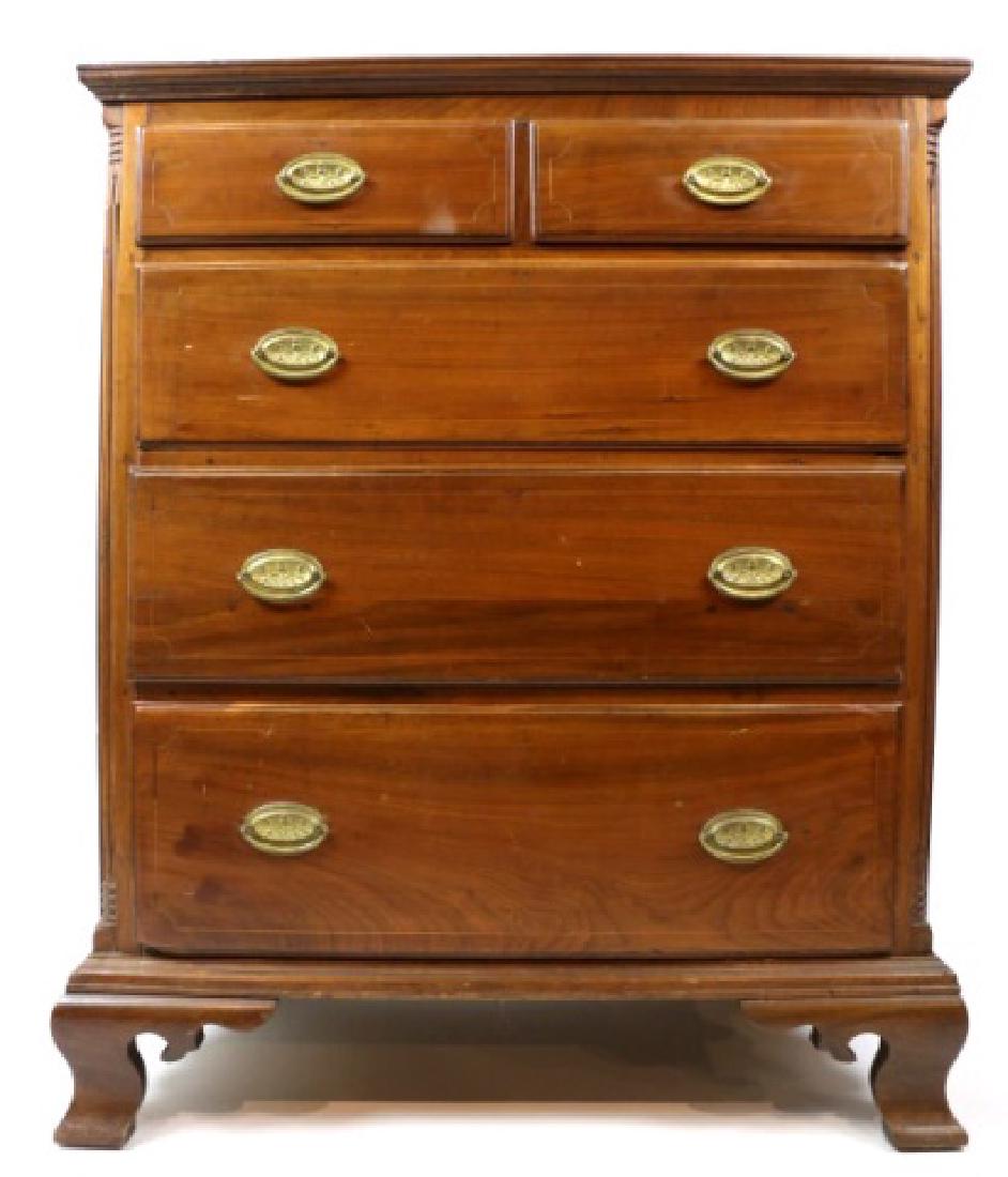 SOUTHERN NC BLACK WALNUT / YELLOW PINE TALL CHEST: SOUTHERN NC BLACK WALNUT / YELLOW & WHITE PINE TALL INLAID & DOVETAILED CHEST RESTING ON OGEE BRACKET FEET WITH ORIGINAL HARDWARE. PROBABLY PIEDMONT 43 X 35 X 23"