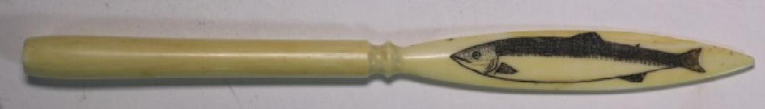 INUIT HAND CARVED SALMON INLAID BONE PICK / KNIFE: INUIT HAND CARVED SALMON INLAID BONE PICK / KNIFE 6.5"