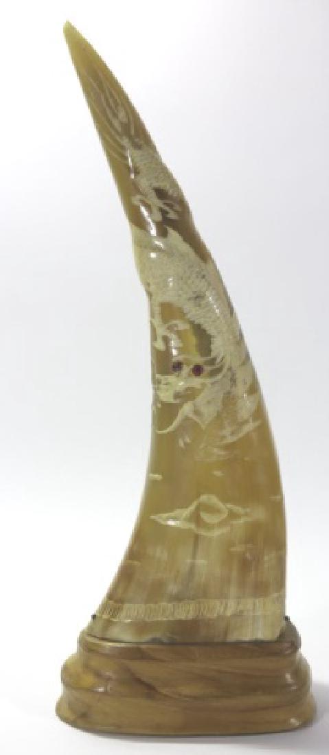CHINESE VINTAGE DRAGON CARVED OX HORN ON STAND: CHINESE VINTAGE DRAGON CARVED OX HORN ON STAND 14"