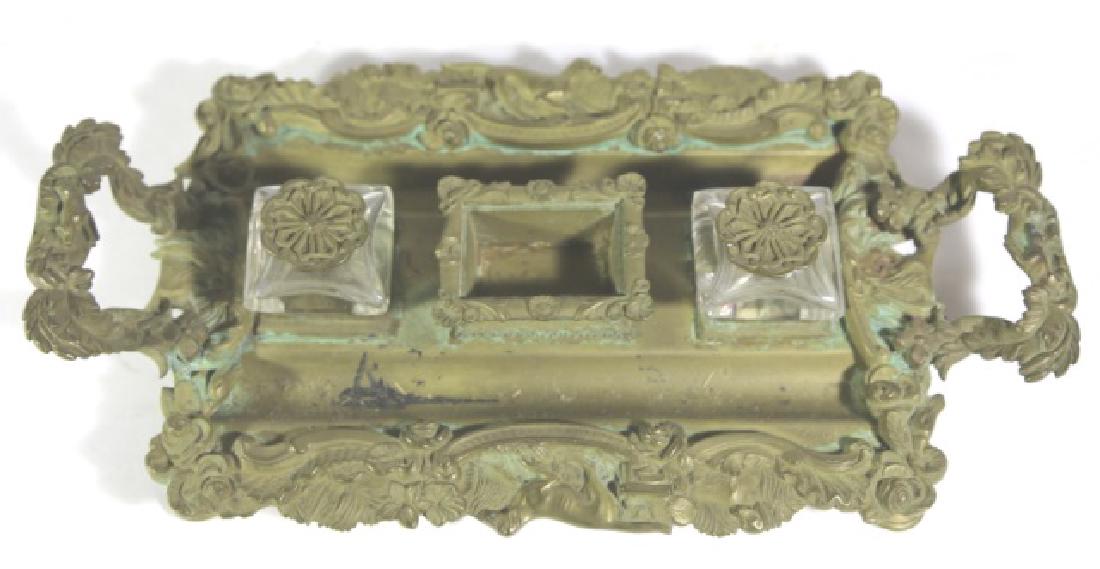 FRENCH ANTIQUE BRONZE INK WELL DESK SET: FRENCH ANTIQUE BRONZE INK WELL DESK SET
