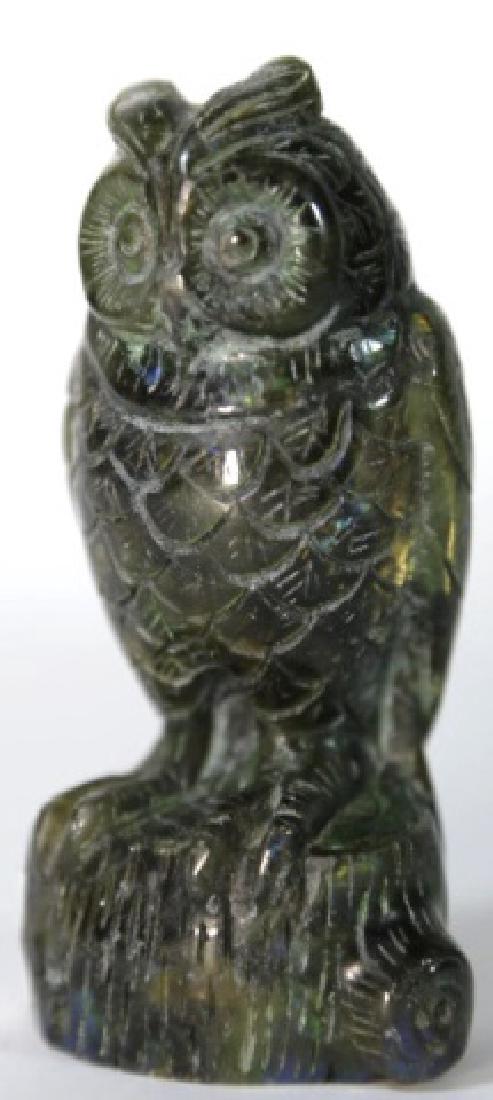 LABRADORITE HAND CARVED FIGURAL OWL ON STUMP: LABRADORITE HAND CARVED FIGURAL OWL ON STUMP SCULPTURE 4.5"