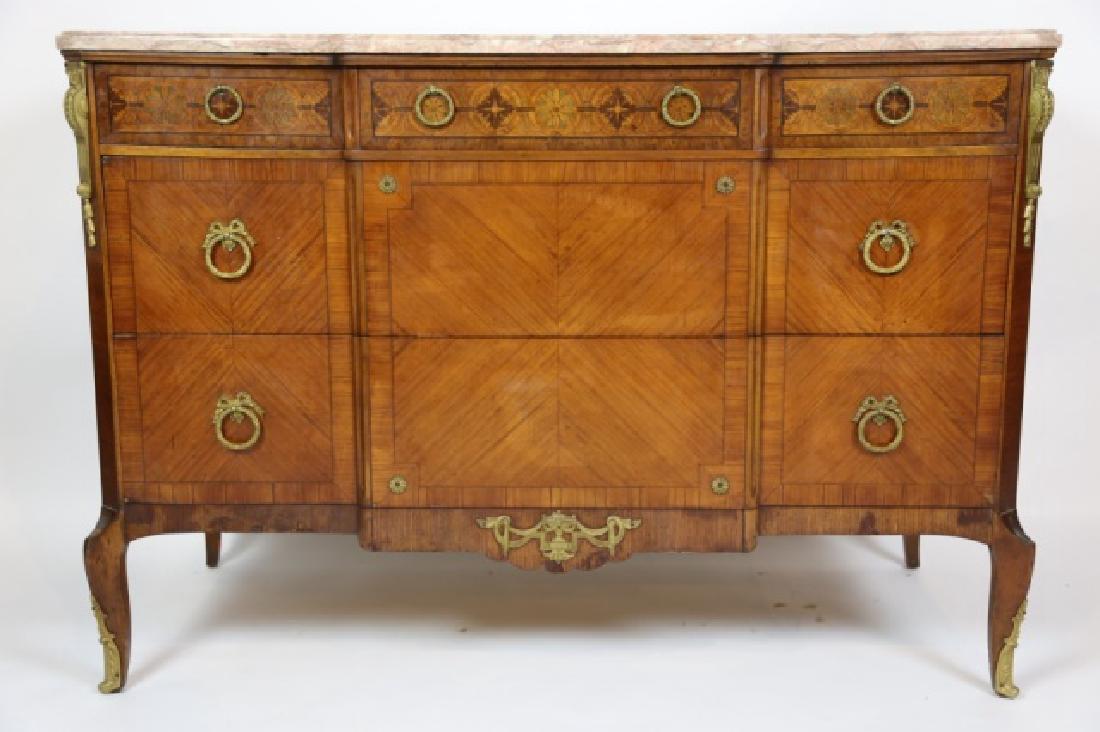 FRENCH MARBLE TOP BRONZE MOUNTED ANTIQUE COMMODE: FRENCH MARBLE TOP BRONZE MOUNTED ANTIQUE COMMODE 35 X 49 X 22"