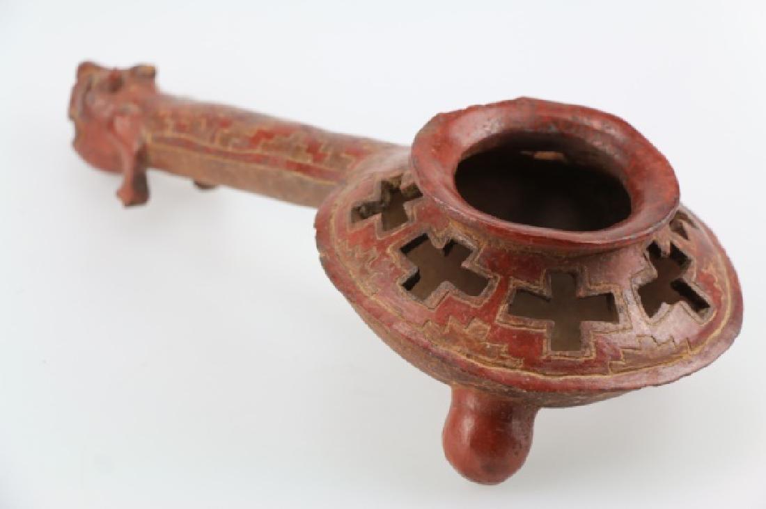 PRE-COLUMBIAN AZTEC CENSOR: PRE-COLUMBIAN AZTEC CENSOR, MEXICO POST CLASSIC PERIODS, CA 1000-1425 AD, 14 1/2' , A REDWARE POTTERY EXAMPLE HAVING AN OPENWORK BOWL DECORATED WITH CROSS TYPE AND INCISED GEOMETRIC ELEMENTS, STANDING