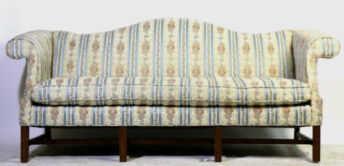 ANTIQUE CHIPPENDALE DOWN CUSHION CAMEL BACK SOFA: ANTIQUE CHIPPENDALE DOWN CUSHION CAMEL BACK SOFA