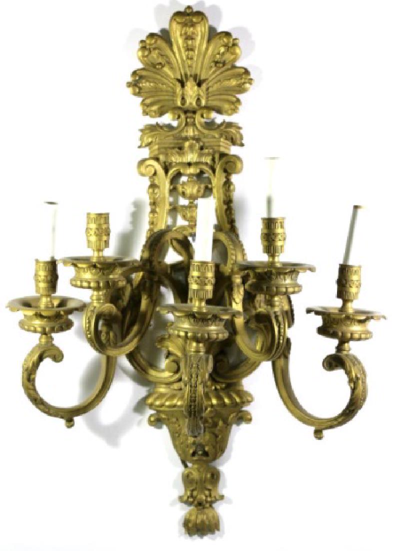 FRENCH ANTIQUE DORE' BRONZE 5 LIGHT SCONCE: FRENCH ANTIQUE DORE' BRONZE 5 LIGHT SCONCE 22 X 18"