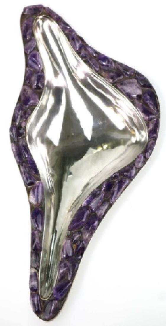 LOS CASTILLO STERLING SILVER AND AMYTHEST BOWL: LOS CASTILLO SILVER AND AMYTHEST BOWL, 2 1/2" H, 18 IN X 9"