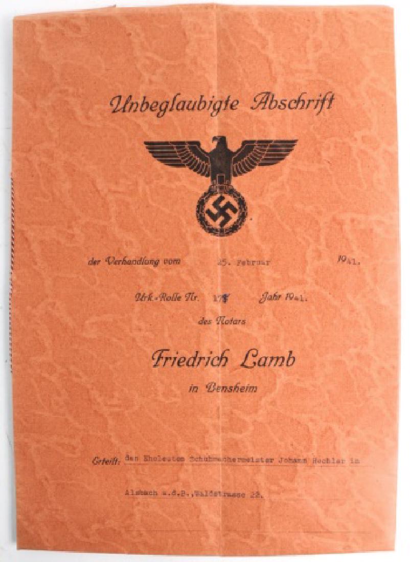 WW II ERA DOCUMENTS: WWII NAZI ERA DOCUMENTS "THE UNOFFICIAL COPY OF THE NEGOTIATION OF FRIEDRICH LAMB THE MARRIED SHOEMAKER MASTER JOHANN HECHLER IN ALSBACH A.D.B. FOREST ROAD 22"