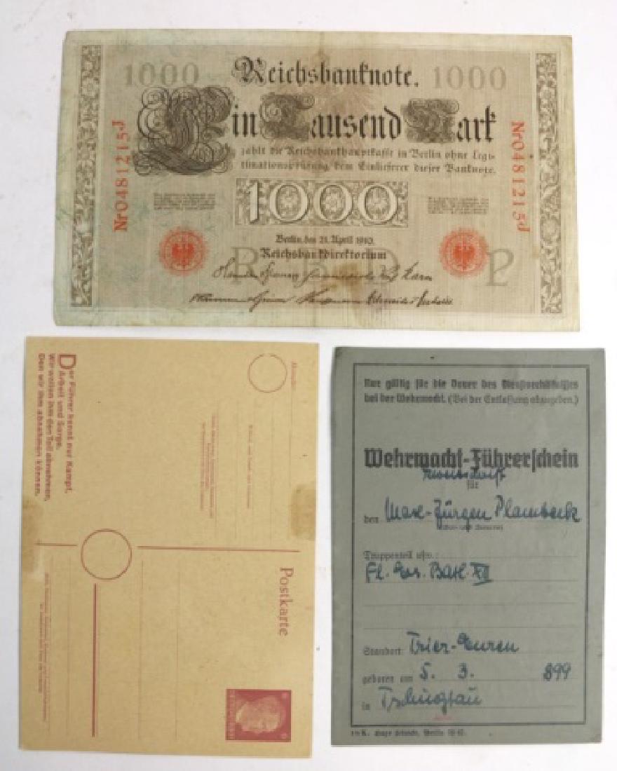 WAR ERA GERMAN DOCUMENT, POSTCARD, AND BILL: ARMED FORCES DRIVER'S LICENSE, POST CARD WITH BOTTOM QUOTE "THE LEADER KNOWS ONLY FIGHT, WORK AND CARE. WE WANT TO TAKE IT FROM THE PLATE WHICH WE CAN TAKE IT OFF", BILL APRIL 1910