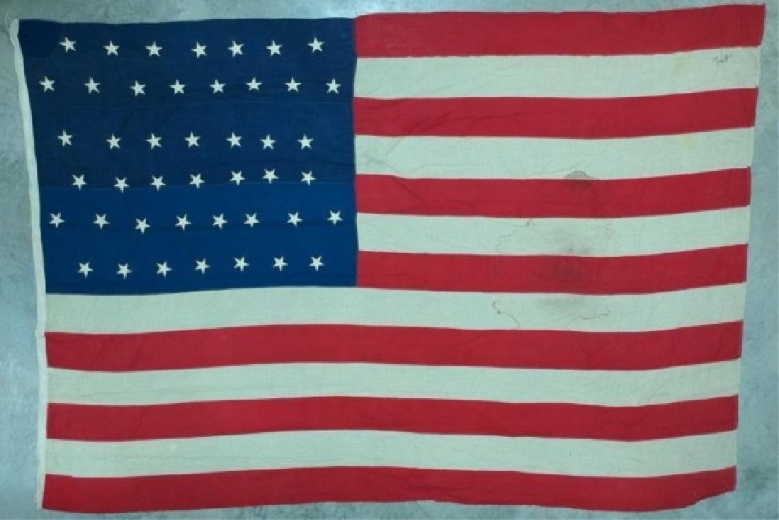 ANTIQUE AMERICAN FLAG 44 STARS: LARGE, 164" X 112", LINEN/FLAX MATERIAL The 44-Star Flag: This Flag became the Official United States Flag on July 4th, 1891. A star was added for the admission of Wyoming (July 10, 1890) and was to l