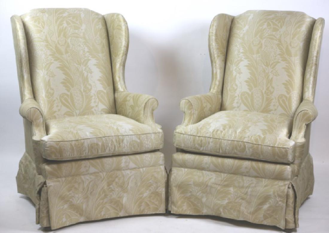 CUSTOM UPHOLSTERED WINGBACK CHAIR PAIR: 44" X 32"; VERY FINE PAIR OF CHAIRS