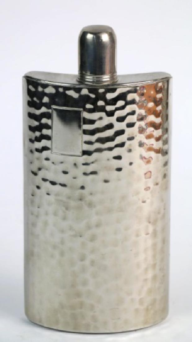 ENGLISH HAND HAMMERED SILVER FLASK: ENGLISH HAND HAMMERED SILVER FLASK, 9" X 4"