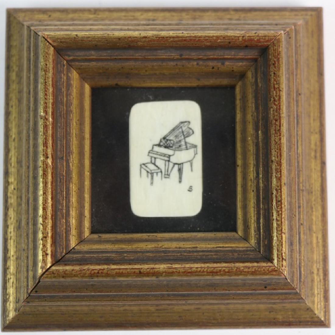 HAROLD D. SIMMONS SCRIMSHAW FRAMED PIANO KEY: SCRIMSHAW FRAMED PIANO KEY, 4" X 4"