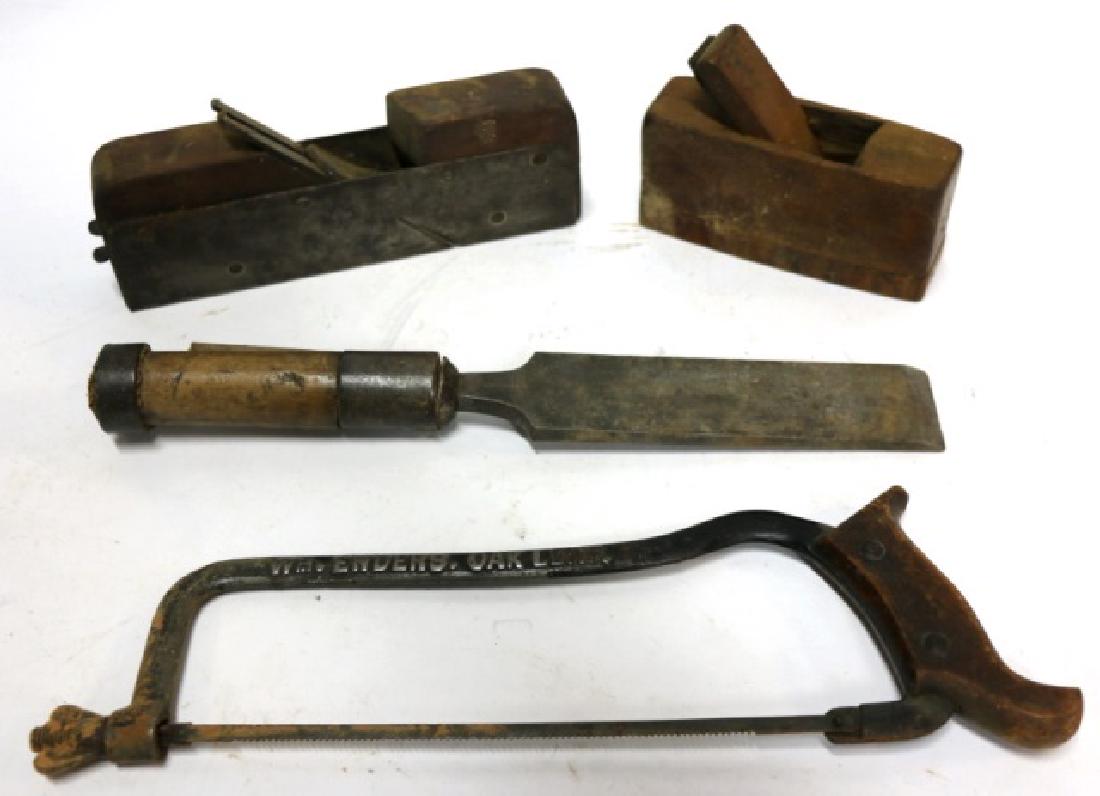 ANTIQUE WOODEN PLANE , SAW & CHISEL GROUPING: ANTIQUE WOODEN PLANE, SAW, & CHISEL GROUPING