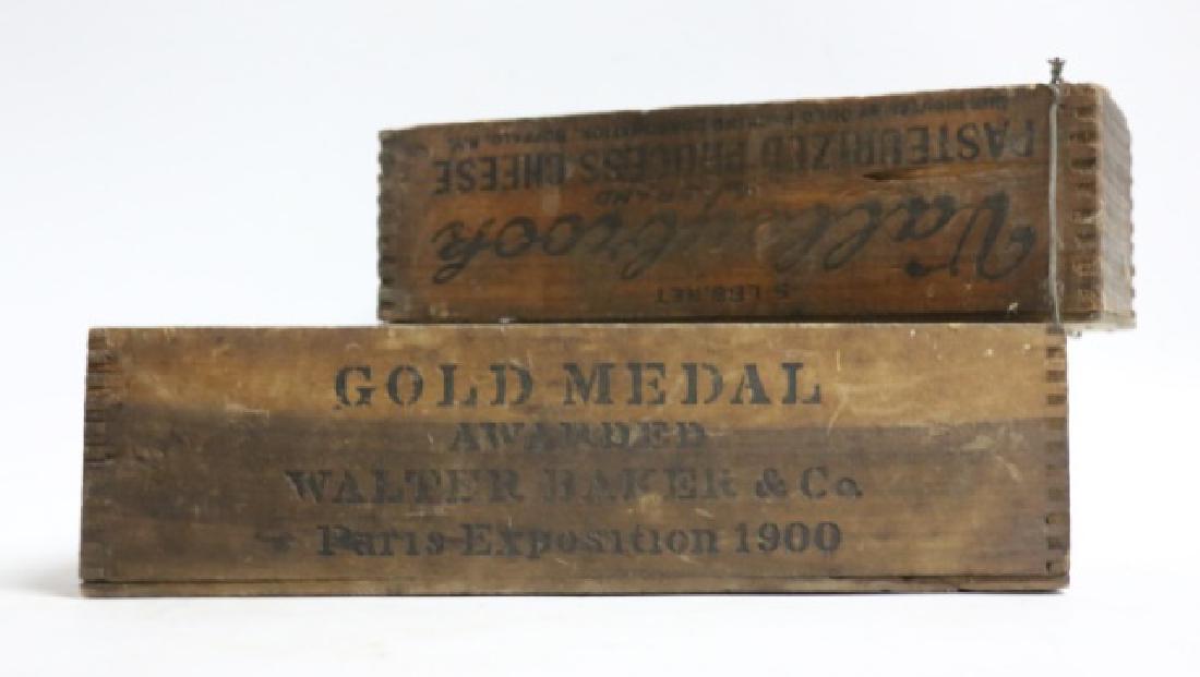 ANTIQUE WOODEN DOVE-TAILED BOX GROUPING: GOLD MEDAL PARIS EXPOSTION BOX AND VALLEYBROOKK CHEESE BOX
