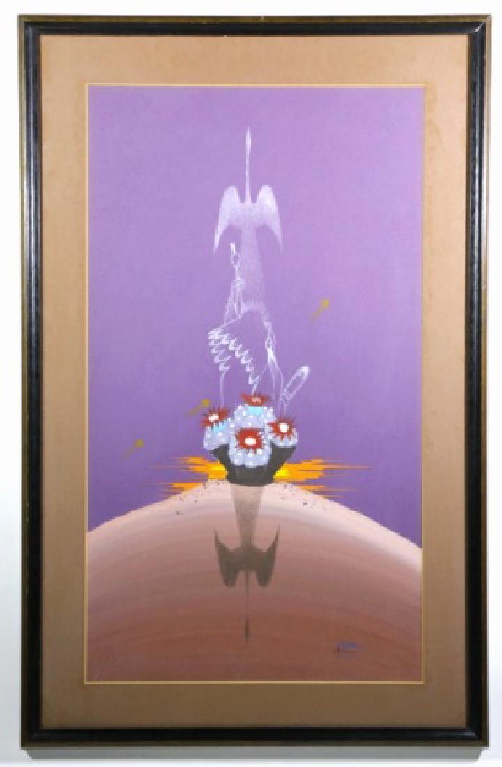 RANCE HOOD (AMERICAN 1941) GOUACHE: RANCE HOOD ORIGINAL GOUACHE PAINTING: PEYOTE, AN ORIGINAL GOUACHE PAINITNG BY THE WORLD RENOWNED NATIVE AMERICAN PAINTER, RANCE HOOD. PAINTING NEVER REMOVED BY ESTATE OWNER FROM GLASS FRAME. PAINTING
