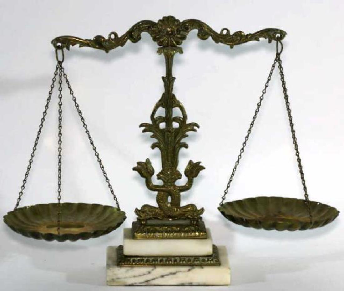 ANTIQUE DOLPHIN MOUNTED MARBLE BASED SCALE SET: ANTIQUE DOLPHIN MOUNTED MARBLE BASED SCALE SET 14 X 18 x 7"