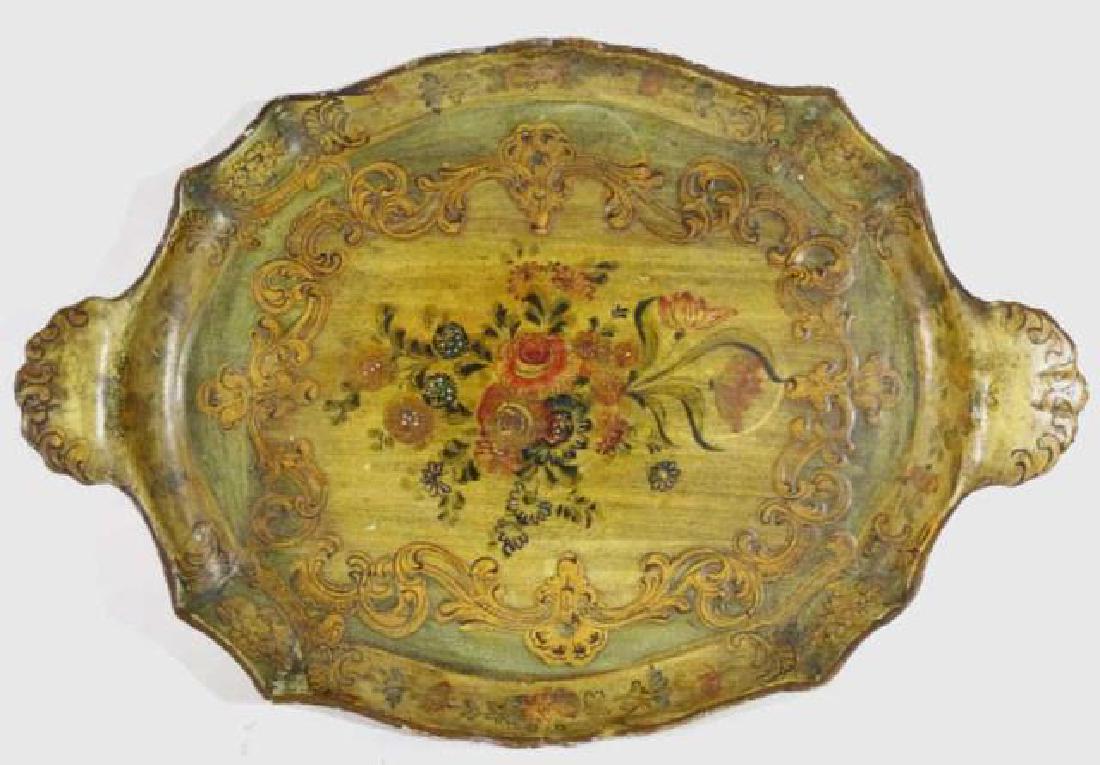 FRENCH ANTIQUE FLORAL TWIN HANDLE PAPER MACHE TRAY: FRENCH ANTIQUE FLORAL TWIN HANDLE PAPER MACHE TRAY 12.5 X 18"