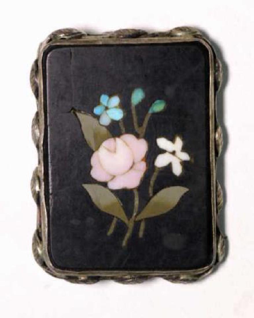 STERLING SILVER & ITALIAN PIETRA DURA LADIES PIN: STERLING SILVER & ITALIAN PIETRA DURA LADIES PIN