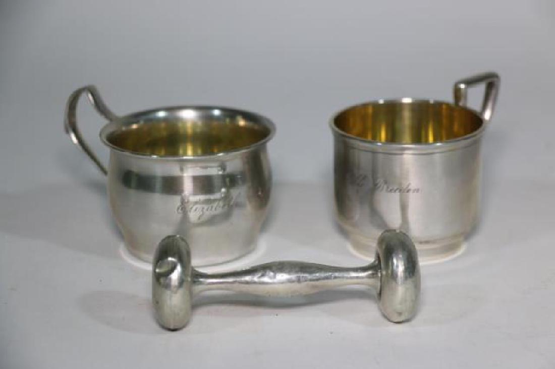 STERLING SILVER BABY CUP & RATTLE GROUPING: STERLING SILVER BABY CUP & RATTLE GROUPING, MONOGRAMMED