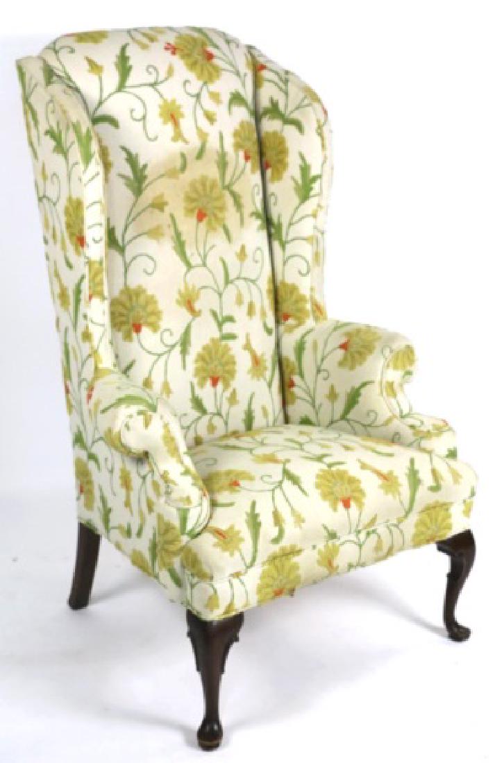 ANTIQUE QUEEN ANNE CRUEL WORK WINGBACK ARMCHAIR: ANTIQUE QUEEN ANNE CRUEL WORK WINGBACK ARMCHAIR 52 X 32 X 30"
