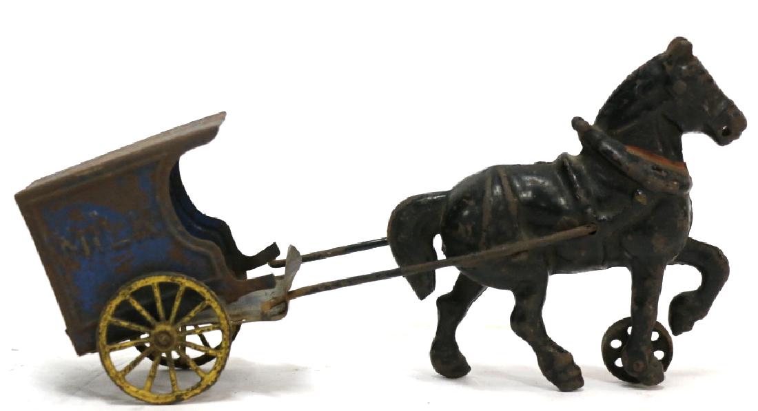 ANTIQUE CAST IRON & TOLE HORSE & MILK CART: ANTIQUE CAST IRON HORSE & MILK CART 5 X10"