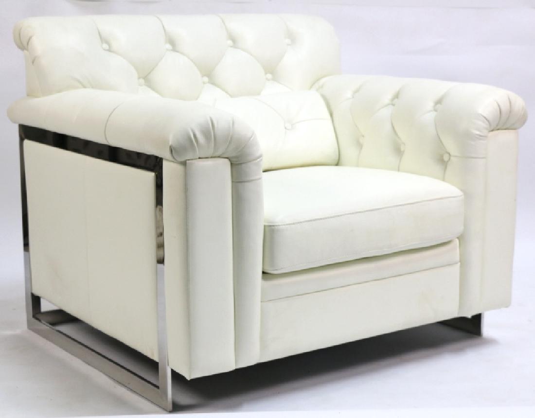 MILO BAUGHMAN CHROME BASE LEATHER CLUB CHAIR: TUFTED ITALIAN LEATHER CHROME BASED CLUB CHAIR, ATTRIBUTED TO MILO BAUGHMAN