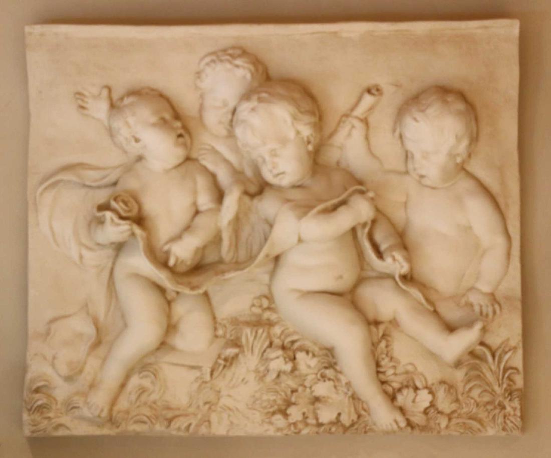CLASSICAL PLASTER CHERUB HANGING WALL PLAQUE: CLASSICAL PLASTER CHERUB HANGING WALL PLAQUE 31 X 38"